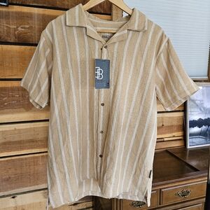 Brooklyns Best Tan & White Vertical Stripe Short Sleeve Button-Up Cabana Shirt L